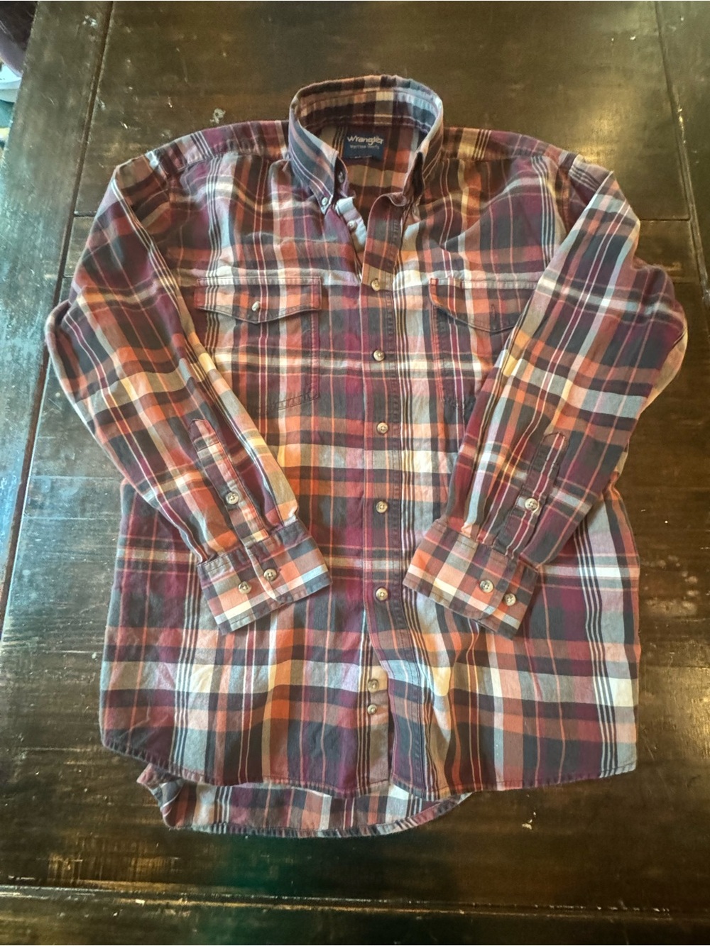 Wrangler Plaid Button-Down Shirt - Burgundy, Navy, Tan
